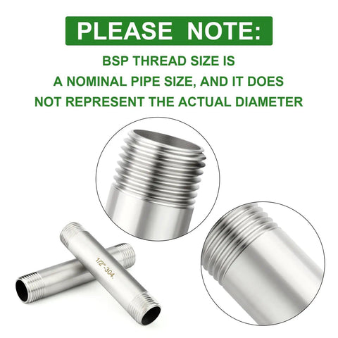 Two Pack Half Inch BSP Male To Half Inch BSP Male Thickened Nipple Cast Pipe Six Inch Length Stainless Steel 304 Pipe Fittings for Plumbing with close-up of threads and size note.
