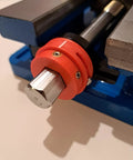 Precision CNC Milling Vice Featuring Visual Torque Handle with red grip for better tool setup, heavy duty and durable.