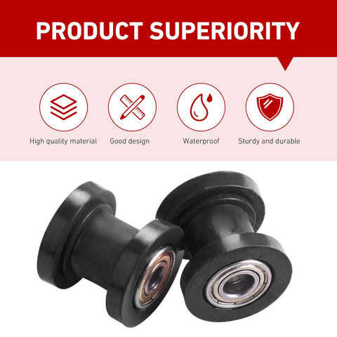 Two Pack Chain Tensioner Guides For 0.3 And 0.4 Inch Chains With Rolling Wheel Pulley Wheel Guide For Dirt Bikes Motorcycles And Bicycles Durable Design For Rough Trails And Everyday Riding showing high-quality black material and wheel design.