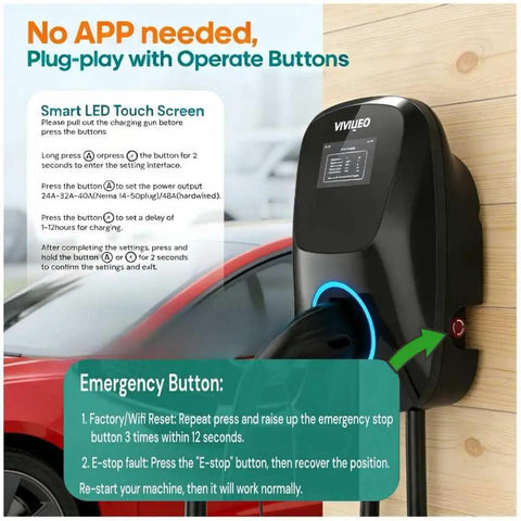 Hardwired Level 2 EV Charger 48 Amps 11.5kW 240V With 25 Ft Cable J1772 And NACS Compatible mounted on wall near car