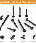 Pro Grade Heavy Duty Drywall Screws And Wood Fasteners, Black Oxide Coated Eight By Three Inch Phillips Head Drive Coarse Thread Sheetrock Screw, various sizes in black.