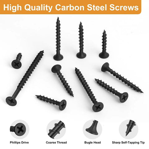 Pro Grade Heavy Duty Drywall Screws And Wood Fasteners, Black Oxide Coated Eight By Three Inch Phillips Head Drive Coarse Thread Sheetrock Screw, various sizes in black.