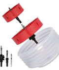 Angled view of Nexigins 4in and 6in bi-metal hole saws with dust bowl and arbors for recessed lights.