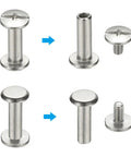 Top Tier 24 Pack Chicago Screws Featuring Phillips Heads Rust Resistant 304 Stainless Steel Binding Rivets shown in two configurations.