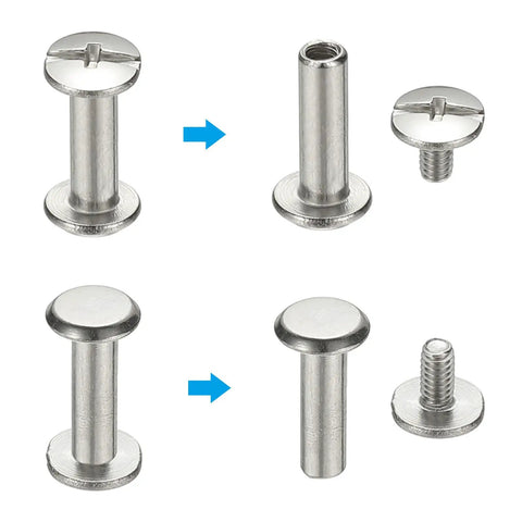Top Tier 24 Pack Chicago Screws Featuring Phillips Heads Rust Resistant 304 Stainless Steel Binding Rivets shown in two configurations.