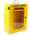 Tough As Nails Heavy Duty Lockout Tagout Station Wall Mounted Loto Cabinet with yellow door and internal shelving for tools.