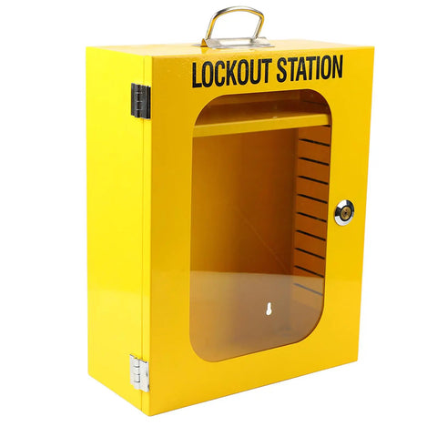 Tough As Nails Heavy Duty Lockout Tagout Station Wall Mounted Loto Cabinet with yellow door and internal shelving for tools.