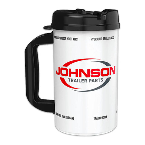 White travel mug featuring the Johnson Trailer Parts logo and product categories like hydraulic trailer jacks and scissor hoist kits.