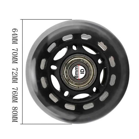 Close-up of black skate wheel with bearing, highlighting 8 Pack Inline Skate Wheels For Outdoor Freestyle in multiple sizes.