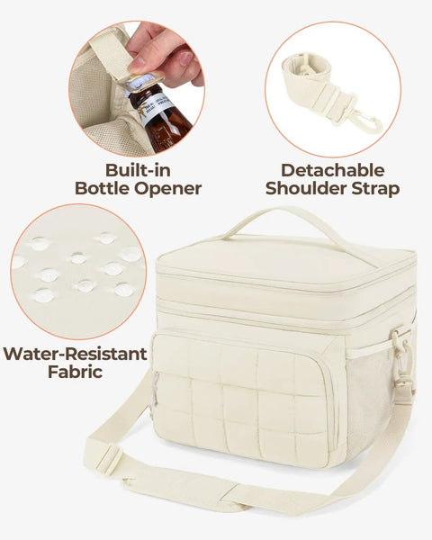 Insulated Puffer Cooler Bag Holds Thirty Two Cans Soft Side Duffel Tote With Double Deck Setup Built For Weekend Warrior Chill Sessions Tailgate Stashes And Day Trip Essentials Beige, features detachable shoulder strap and built-in bottle opener.