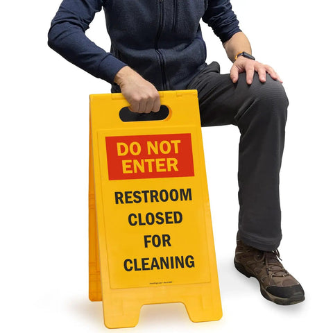 Do Not Enter Restroom Closed For Cleaning Two Sided Folding Floor Sign Plastic Heavy Duty Durable 25 By 12 Inches Red Black Yellow High Visibility Double Sided For Busy Hallways And Maintenance Areas, yellow plastic
