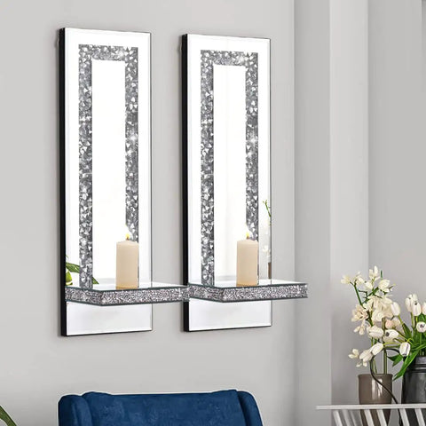 Fresh Beveled Silver Mirror Wall Candle Sconce Holder Set Of Two with sleek mirrored surface and a candle, perfect for cozy decor.