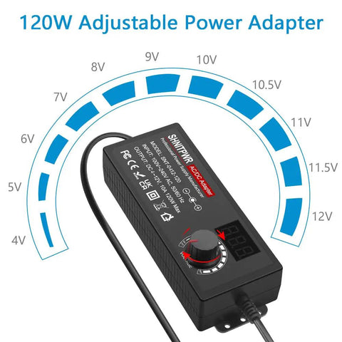 Adjustable DC Power Supply 3.5 to 12V 10A 120W AC to DC Adapter with voltage dial and digital display