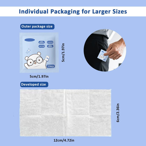 Amazon 200-count anti-fog wet wipes for glasses; single-use sachet with cartoon bear; larger wipe sheet displayed.