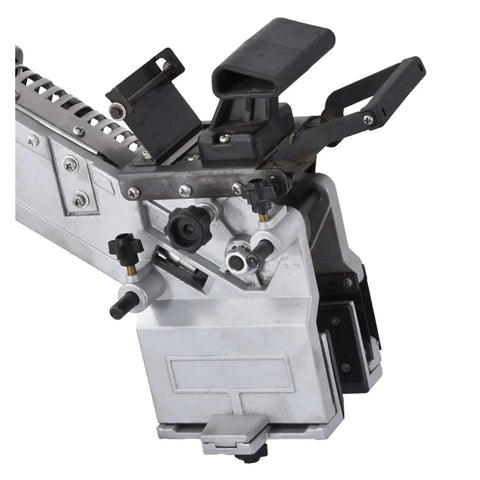 Close-up of Beast Of A Compact Portable Edge Banding Machine for woodworking, showing adjustable components for straight and curve edges.