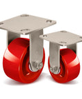 Rock Solid 4X2 Inch Stainless Steel Casters Featuring Hella Tough Red Polyurethane Wheels for smooth movement on industrial surfaces.