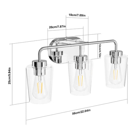 Three Light Industrial Style Bathroom Vanity Fixture In Stainless Steel Chrome Finish With Clear Glass Shades For Farmhouse Bath Lighting And Easy Wall Mount Installation; dimensions shown