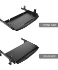 Slick Under Desk Keyboard Tray Featuring Smooth Glide Retractable Slides For A Dead Simple Space Saving Home Office Setup And Clutter Free Workstation Built Tough For Daily Use, shown from front and rear sides.