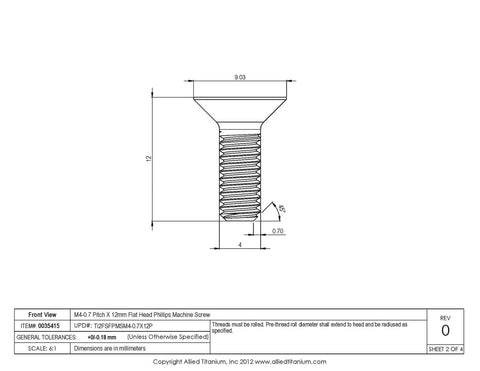 Technical drawing of True Titanium M4 0.7 Pitch 12mm Flat Head Phillips Machine Screw Pack Of 5 Grade 2 CP