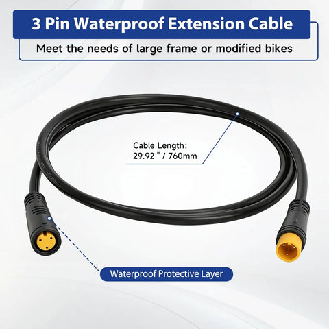 Best Bet Half Twist Throttle 3 Pin For 12 72V E Bike Ebike With Waterproof Extension Cable Male Connector Compatible With KT And Bafang Controllers For Mountain Bike Folding Electric Bike Scooter MTB Conversion Kit Grip. Image shows 3 pin waterproof extension cable with 760mm length for large frame bikes with protective layer.
