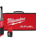 Cordless 12 Volt 3/8 Inch Extended Reach High Speed Ratchet with battery and case in red, perfect for cramped engine bays.