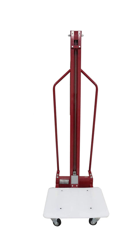 Full Size Manual Hand Winch Work Positioner Lift Truck For Warehouse with red steel frame and white platform for lifting heavy loads.