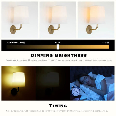 Cordless Battery Operated RGB Wall Sconce Lights With Remote showing brightness levels and dimming capabilities