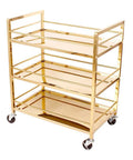 Slick Rolling Three Shelf Bar Cart, Rock Solid Metal Serving Trolley With Smooth Swivel Casters, gold finish and three spacious shelves.