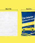 Car interior cleaning wet wipes package in blue pouch with yellow car graphic beside a white wipe sheet