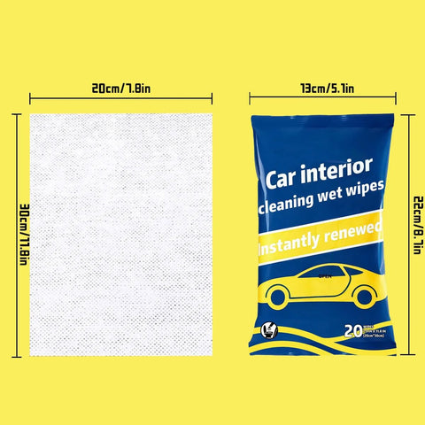 Car interior cleaning wet wipes package in blue pouch with yellow car graphic beside a white wipe sheet
