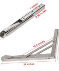 Heavy Duty Folding Shelf Brackets Stainless Steel Collapsible Set Supports Up To 330 Lb Per Pair Space Saving Mounts Includes measurements.
