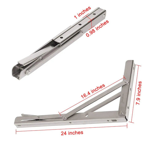 Heavy Duty Folding Shelf Brackets Stainless Steel Collapsible Set Supports Up To 330 Lb Per Pair Space Saving Mounts Includes measurements.