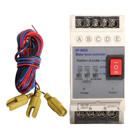 Automatic Water Level Controller With Built In Liquid Level Sensor And Pump Float Switch for AC110V Systems displayed next to wiring