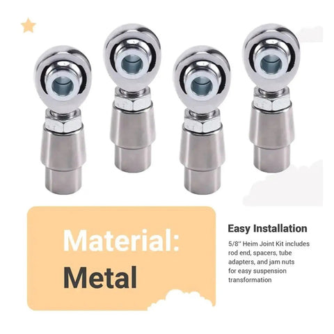 Rock Solid Heavy Duty Heim Joint Rod End Kit With Tube Adapters And Spacers 4Pc 5/8x18 Left Right Thread jam nuts, metal rod ends.