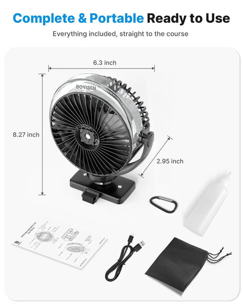 Golf Cart Misting Fan With 12000mAh Battery, Magnetic Mounts And Secure Strap, 4 Speeds, LED, Timer, and accessories shown.