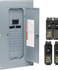 Rock Solid 100 Amp 120 240 Volt Electrical Load Center With 20 Spaces And 40 Circuits Combination Mount Main Breaker Panel Box showing open door and breakers.