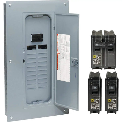 Rock Solid 100 Amp 120 240 Volt Electrical Load Center With 20 Spaces And 40 Circuits Combination Mount Main Breaker Panel Box showing open door and breakers.