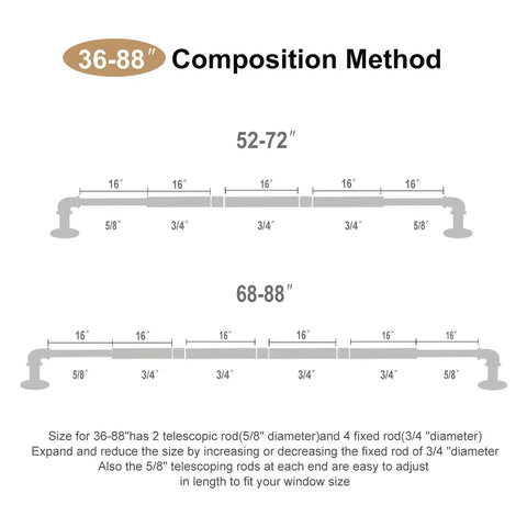 Diagram of Gold Industrial Curtain Rods For Windows 48 To 84 Inches, adjustable composition methods, sectional view