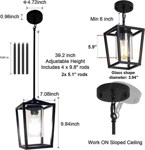 Black Pendant Light For Kitchen Island, 1 Light Modern Farmhouse Cage Lantern With Glass Shade, dimensions and ceiling mount.