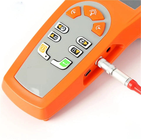 Heavy Duty Portable Leeb Hardness Tester Featuring Slick Digital Readout And Quick Scale Swapping For Rapid Metal Testing With Zero Fuss Setup And Bright Tft Screen For Trusted Shop Results, close-up of control panel and probe connection.