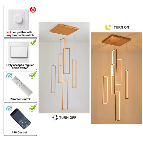Modern geometric pendant light off and on with app and remote control functionality, shows dimmable feature.