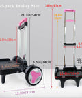Foldable Aluminum Backpack Trolley Cart With Stair Climbing Wheels, Adjustable Handle And 77 Lb Capacity, dimensions labeled