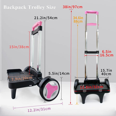 Foldable Aluminum Backpack Trolley Cart With Stair Climbing Wheels, Adjustable Handle And 77 Lb Capacity, dimensions labeled