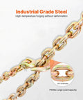 Three Eighths Inch 20 Foot G80 Tow Chain With Grab Hooks Galvanized Manganese Steel 7100 Lb WLL DOT Certified Two Pack, close-up view