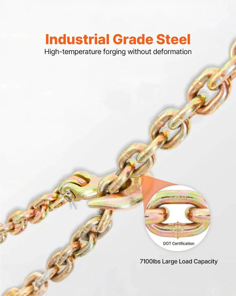 Three Eighths Inch 20 Foot G80 Tow Chain With Grab Hooks Galvanized Manganese Steel 7100 Lb WLL DOT Certified Two Pack, close-up view