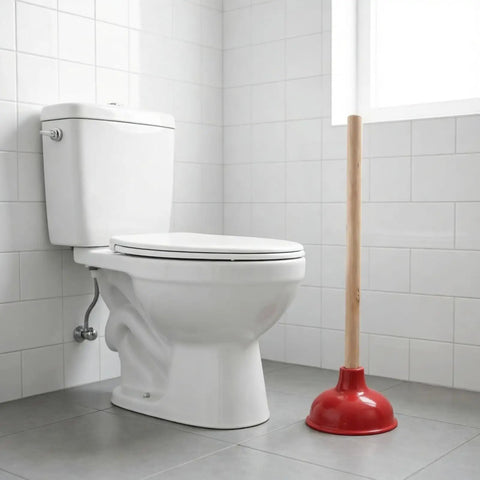 Eighteen Inch Heavy Duty Toilet Plunger Featuring A Thick Red Rubber Cup And Sturdy Wood Grip ready next to white toilet in bathroom.