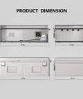 Outdoor Electrical Enclosure With Thermostat And Fan, dimensions view, ventilated all weather box, gray cover, rugged build.