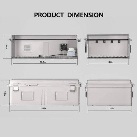 Outdoor Electrical Enclosure With Thermostat And Fan, dimensions view, ventilated all weather box, gray cover, rugged build.