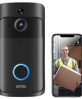 Smart Video Doorbell Camera HD 2.4GHz WiFi with mobile app showing delivery person, motion detection, two-way audio, night vision.