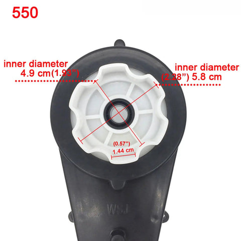 Front view of Two Pack 12V DC Motor Gearbox Kit With 12000 RPM For Ride On Cars Replacement Parts showing measurements